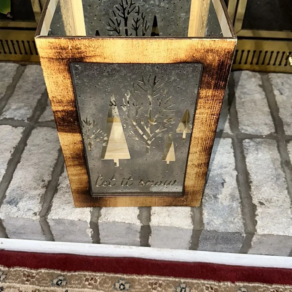 Torched Wood Tin Metal Combo Winter Holiday Gift Box Candle Light Holder